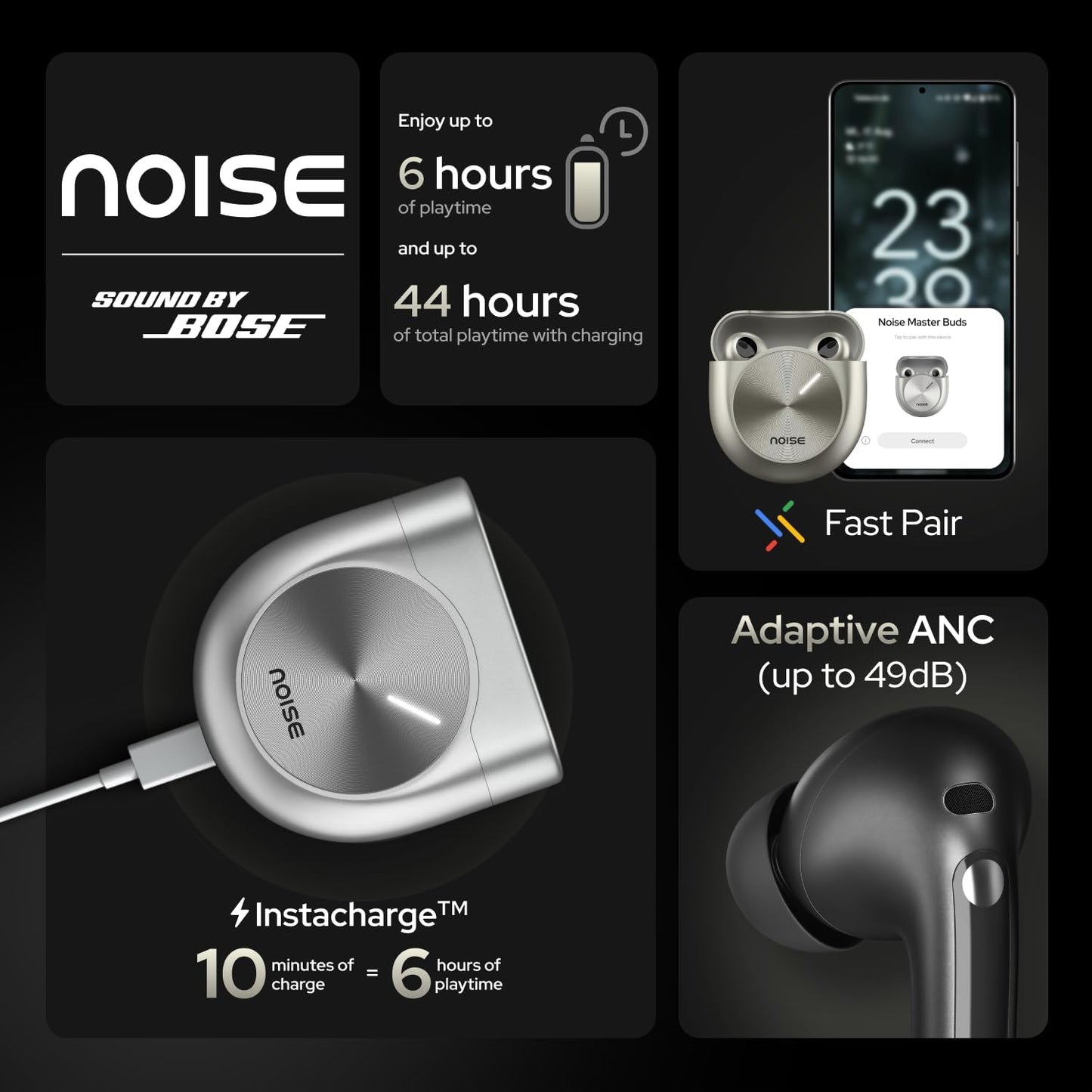 Noise Master Buds, Sound by Bose in-Ear Bluetooth Earbuds, Up to 49dB Adaptive ANC, LHDC 5.0, Immersive Spatial Audio, 44H Playtime with 6 mic ENC, Dual Pairing, IPX5 Ear Buds TWS (Titanium)
