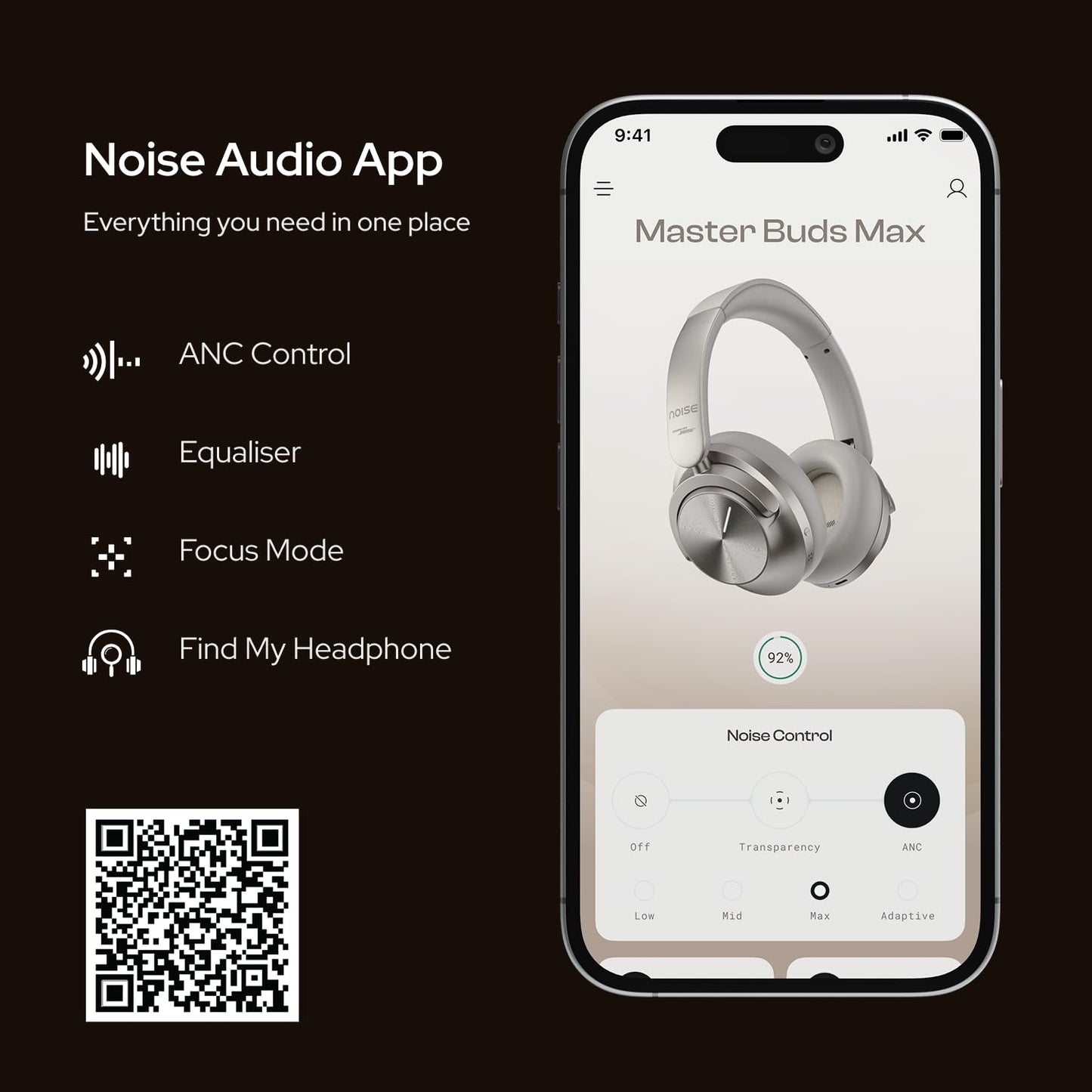 Noise Master Buds Max, Sound by Bose Wireless Over-Ear Headphones, Adaptive ANC, LHDC 5.0, Immersive Spatial Audio,Upto 60H Playtime, Fast Pairing, Wear Detection(Onyx)