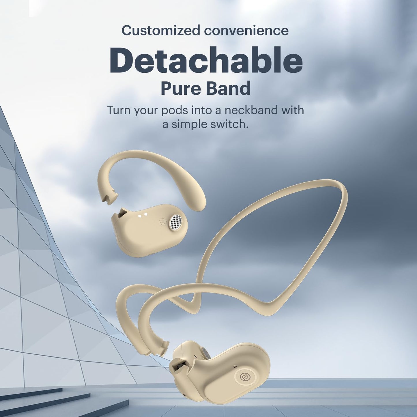 Noise Pure Pods Wireless Open Ear Earbuds with AirWave™ Technology,Up-to 80H Playtime,Quad Mic with ENC,16mm Neodymium Dynamic Driver,Detachable Pure Band,BTv5.3 (Zen Beige)