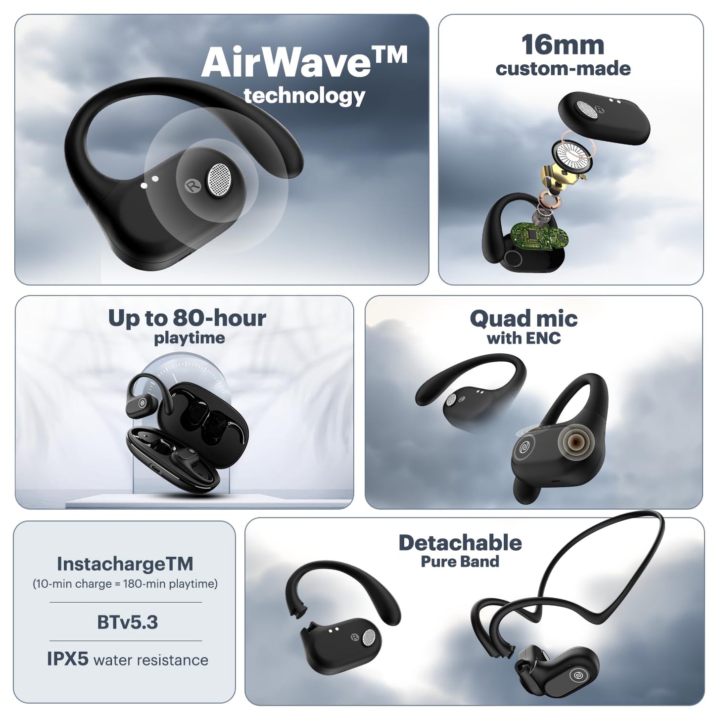 Noise Pure Pods Wireless Open Ear Earbuds with AirWave™ Technology,Up-to 80H Playtime,Quad Mic with ENC,16mm Neodymium Dynamic Driver,Detachable Pure Band,BTv5.3 (Zen Beige)