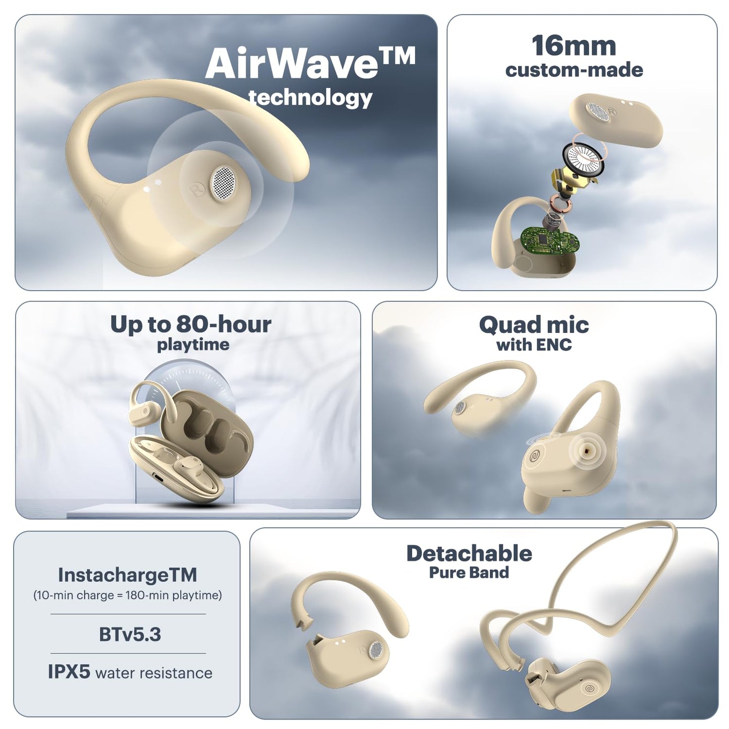 Noise Pure Pods Wireless Open Ear Earbuds with AirWave™ Technology,Up-to 80H Playtime,Quad Mic with ENC,16mm Neodymium Dynamic Driver,Detachable Pure Band,BTv5.3 (Zen Beige)